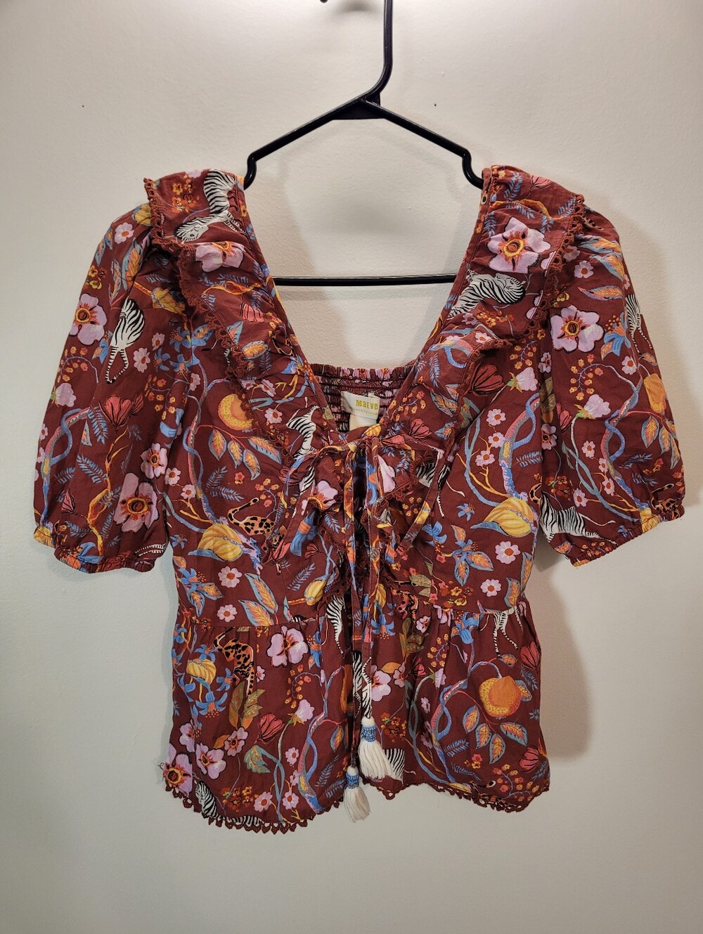 Maeve By Anthropologie Ruffle Tie-front Blouse Animal Safari Print Top - Size S
